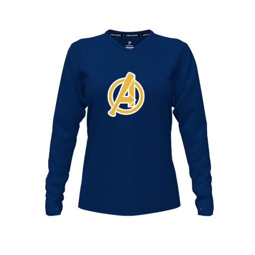 [FTLVCFNV-FYXS-LOGO3] Decker Comfort T-Shirt (Female Youth XS, Navy, V Neck, Logo 3, Long Sleeve)