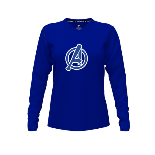 [CUS-DFW-TEES-CMF-VNK-LSL-RYL-FYXS-LOGO2] Decker Comfort T-Shirt (Female Youth XS, Royal, V Neck, Logo 2, Long Sleeve)