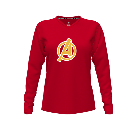 [CUS-DFW-TEES-CMF-VNK-LSL-RED-FYXS-LOGO3] Comfort T-Shirt (Female Youth XS, Red, V Neck, Logo 3, Long Sleeve)