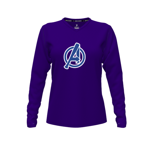 [CUS-DFW-TEES-CMF-VNK-LSL-PUR-FYXS-LOGO2] Decker Comfort T-Shirt (Female Youth XS, Purple, V Neck, Logo 2, Long Sleeve)