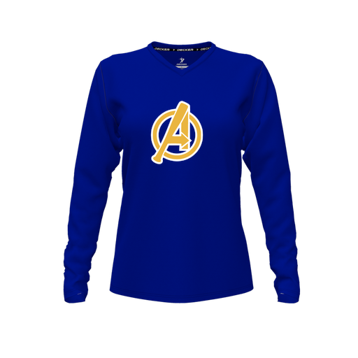 [CUS-DFW-TEES-PER-VNK-LSL-RYL-FYXS-LOGO3] Decker Performance T-Shirt (Female Youth XS, Royal, V Neck, Logo 3, Long Sleeve)