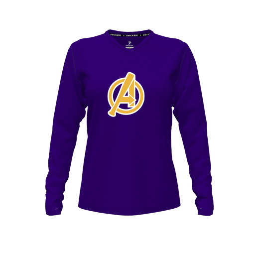 [CUS-DFW-TEES-PER-VNK-LSL-PUR-FYXS-LOGO3] Decker Performance T-Shirt (Female Youth XS, Purple, V Neck, Logo 3, Long Sleeve)
